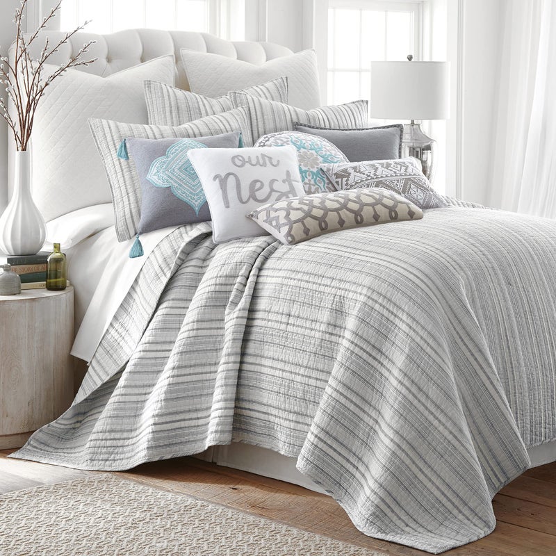 Levtex Home Bondi Stripe Grey King Cotton Quilt Set Grey and White Stripe