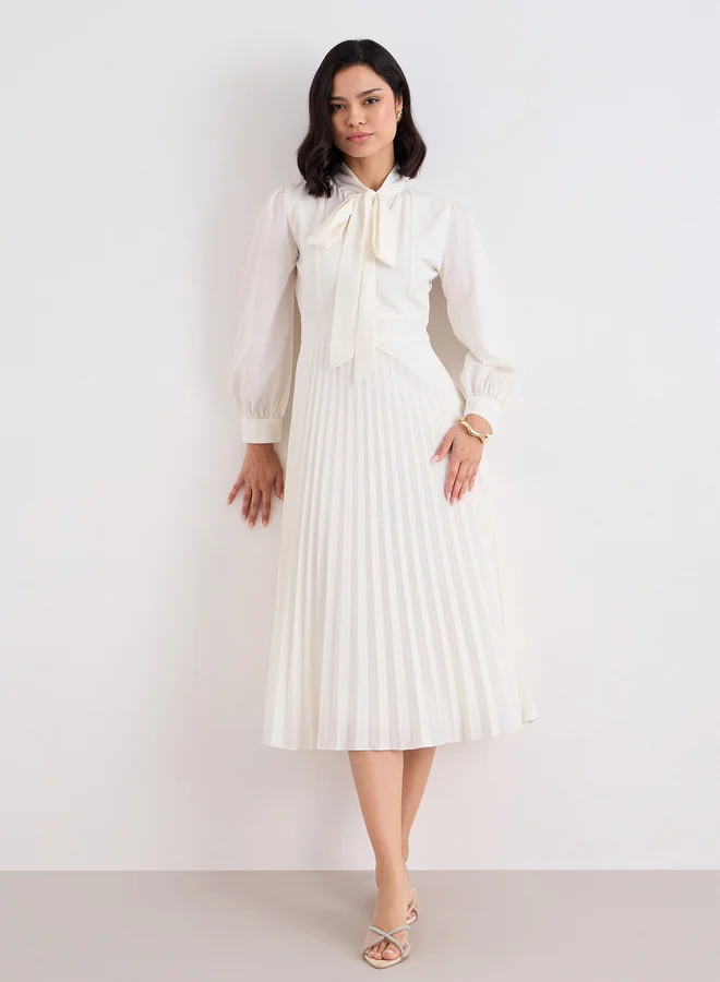 Styli Styli Cream Pleated Midi Dress with Tie-Up Neck