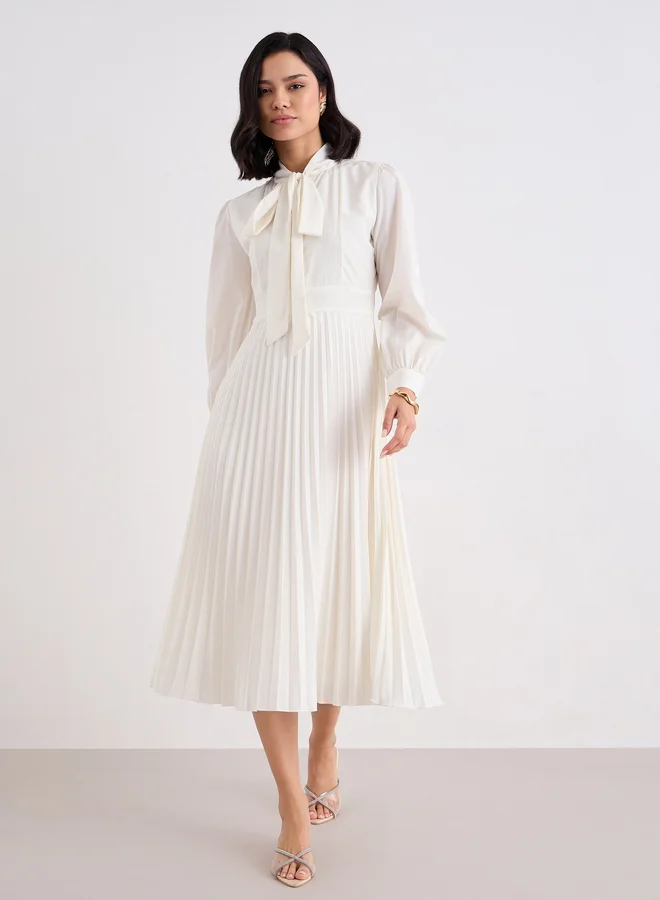 Styli Styli Cream Pleated Midi Dress with Tie-Up Neck