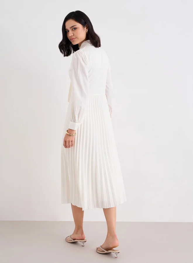 Styli Styli Cream Pleated Midi Dress with Tie-Up Neck