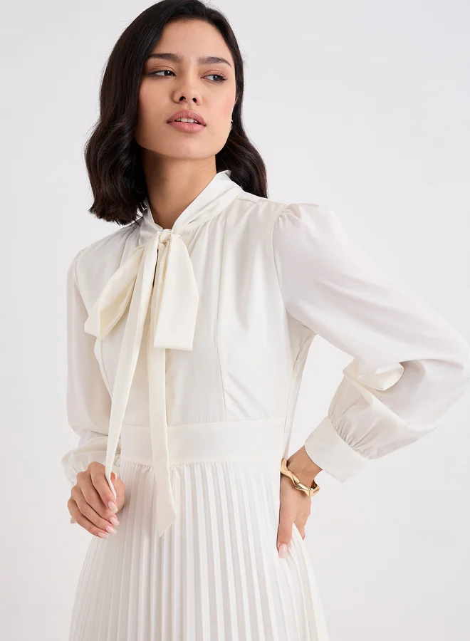 Styli Styli Cream Pleated Midi Dress with Tie-Up Neck