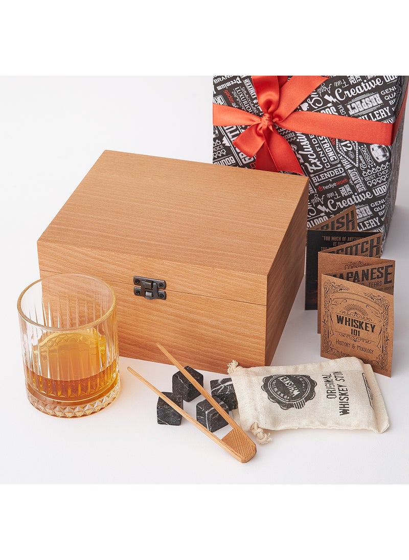Hediye Sepeti - Gift Basket Whiskey Glass with Beech Wooden Box + Set of 4 Cooler Stones - Image 1