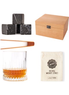 Gift Basket Whiskey Glass with Beech Wooden Box + Set of 4 Cooler Stones