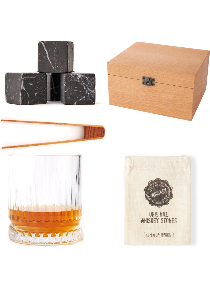Hediye Sepeti - Gift Basket Whiskey Glass with Beech Wooden Box + Set of 4 Cooler Stones - Image 1
