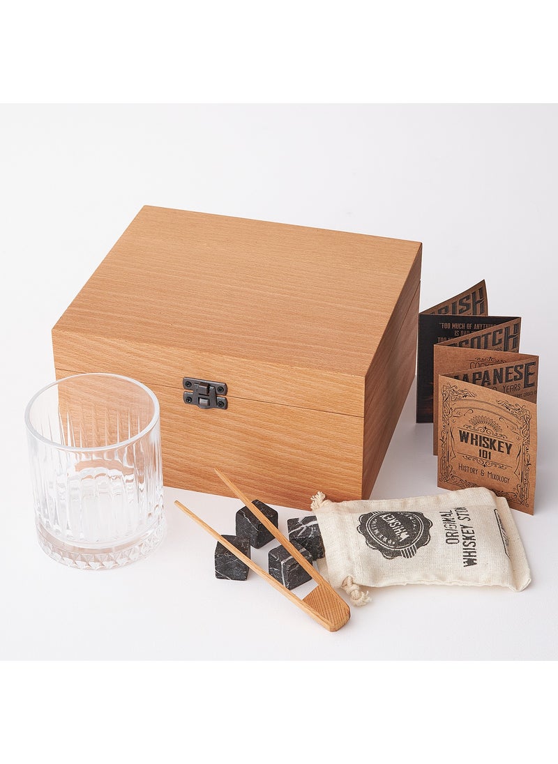 Hediye Sepeti - Gift Basket Whiskey Glass with Beech Wooden Box + Set of 4 Cooler Stones - Image 1