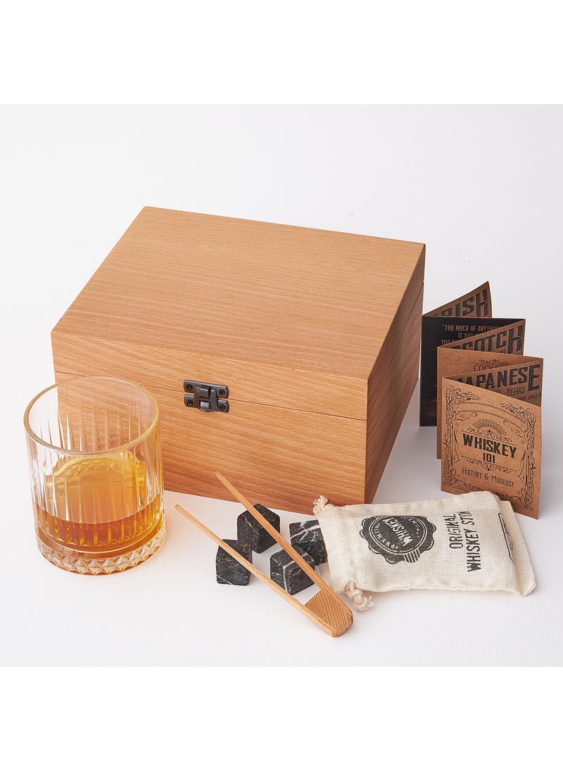 Hediye Sepeti - Gift Basket Whiskey Glass with Beech Wooden Box + Set of 4 Cooler Stones - Image 1