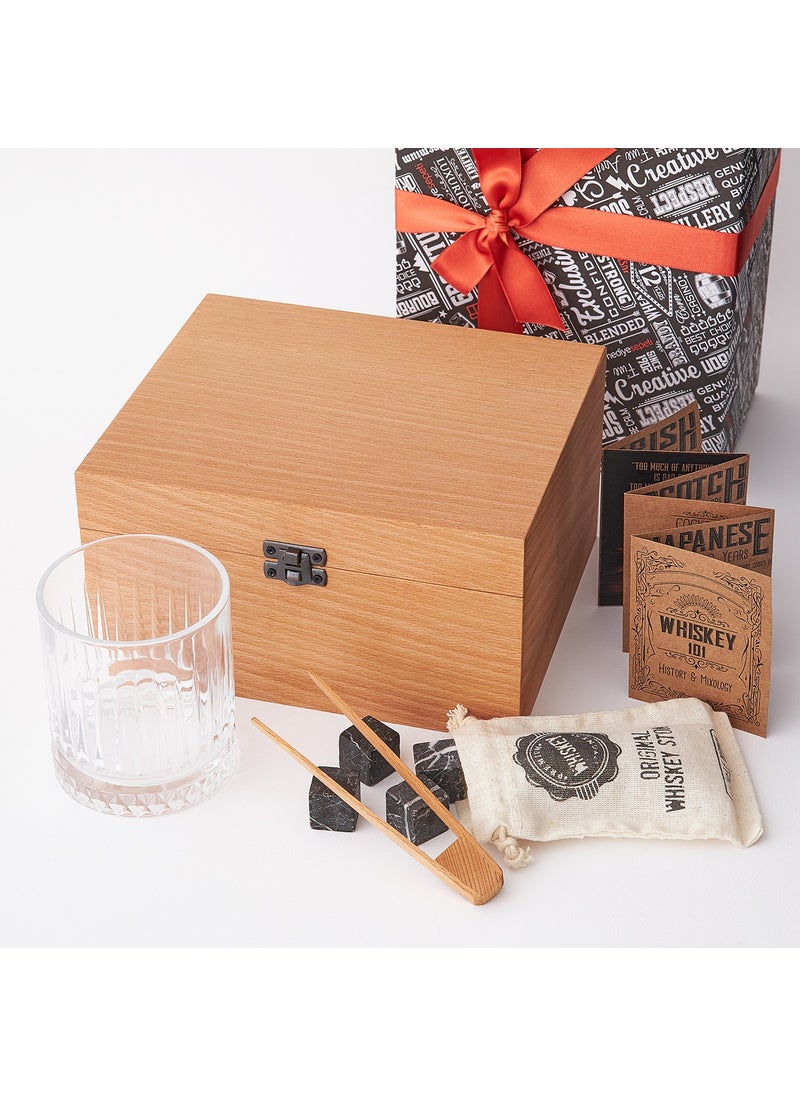 Hediye Sepeti - Gift Basket Whiskey Glass with Beech Wooden Box + Set of 4 Cooler Stones - Image 1