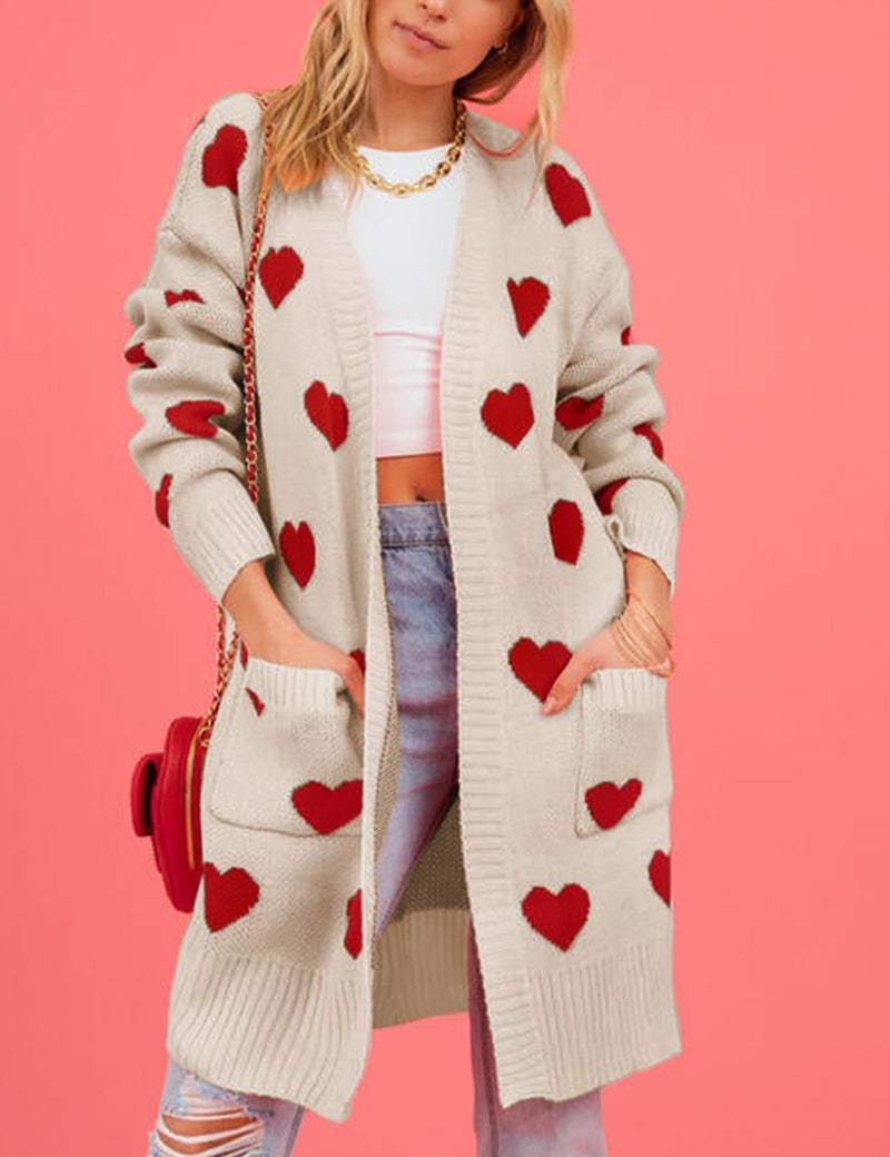 Yimoon Women Valentines Cardigan Sweater Love Heart Open Front Long Cardigan Oversized Chunky Knit Sweaters(Apricot-S) - Image 2
