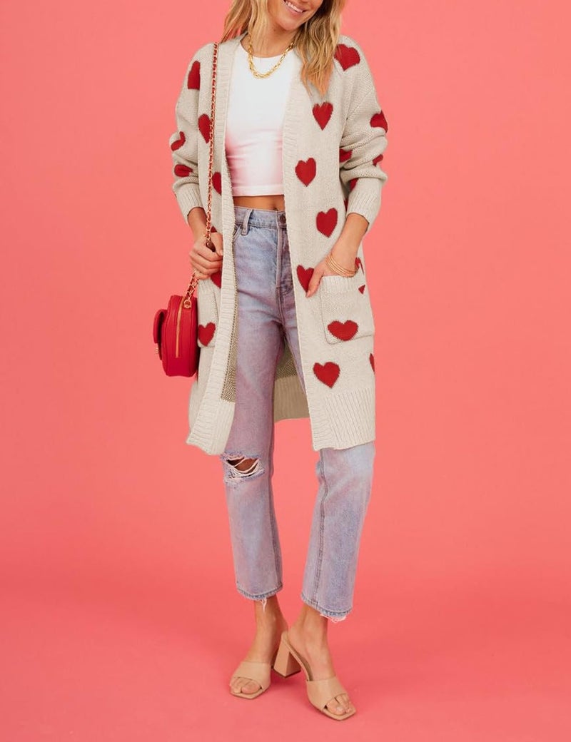 Yimoon Women Valentines Cardigan Sweater Love Heart Open Front Long Cardigan Oversized Chunky Knit Sweaters(Apricot-S) - Image 4