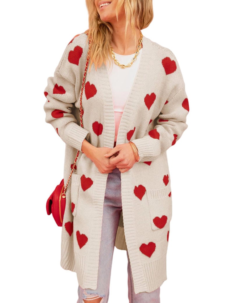 Yimoon Women Valentines Cardigan Sweater Love Heart Open Front Long Cardigan Oversized Chunky Knit Sweaters(Apricot-S) - Image 1