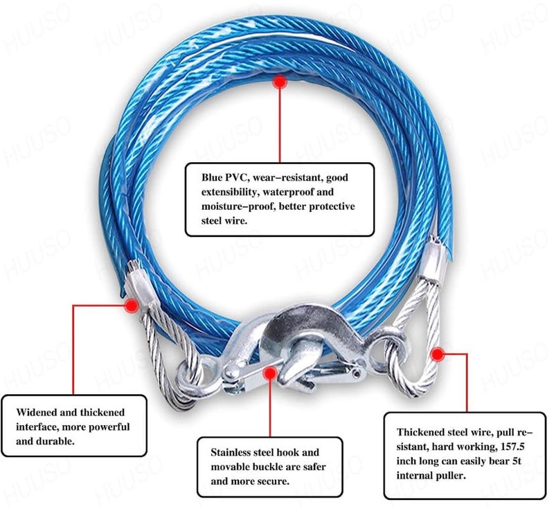 HUUSO HUUSO Heavy Duty Steel Wire Tow Cable Towing Pull Rope Strap with Safety Hooks Durable 4 Meter 8 mm with 3 Ton Load Capacity Compatible with Volkswagen T ROC - Image 3