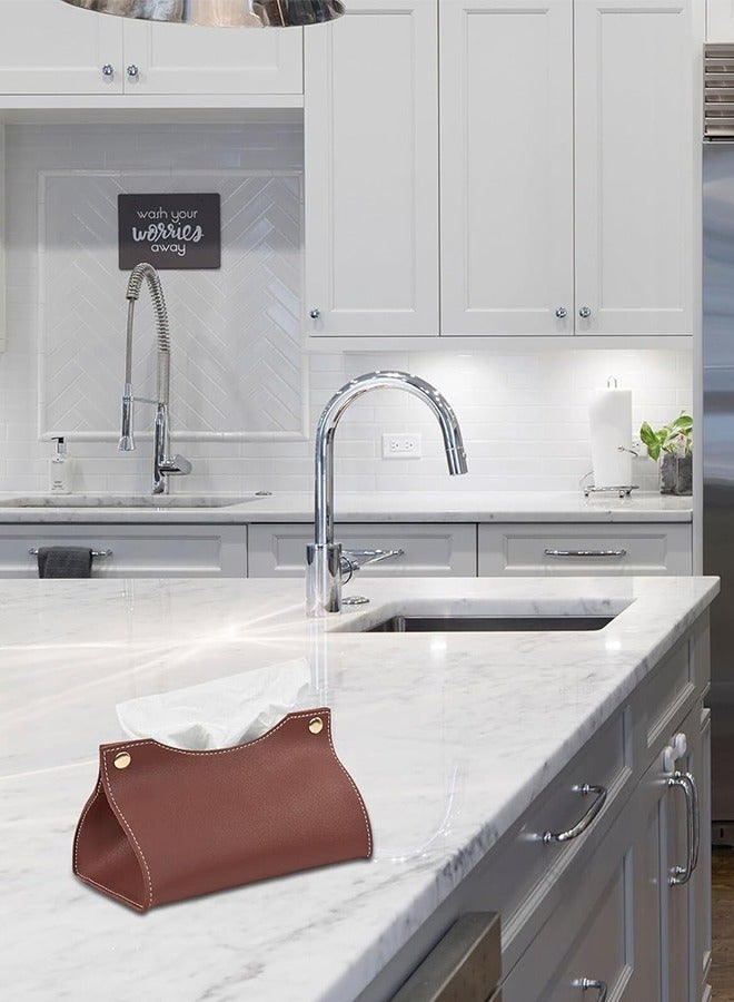 غطاء علبة مناديل جلدية، حامل منظم علبة مناديل جلدية لطاولة غرفة المعيشة المنزلية، صندوق تخزين مناديل جلدي مثبت على السيارة (قهوة) - Image 2