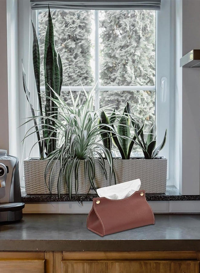 غطاء علبة مناديل جلدية، حامل منظم علبة مناديل جلدية لطاولة غرفة المعيشة المنزلية، صندوق تخزين مناديل جلدي مثبت على السيارة (قهوة) - Image 3