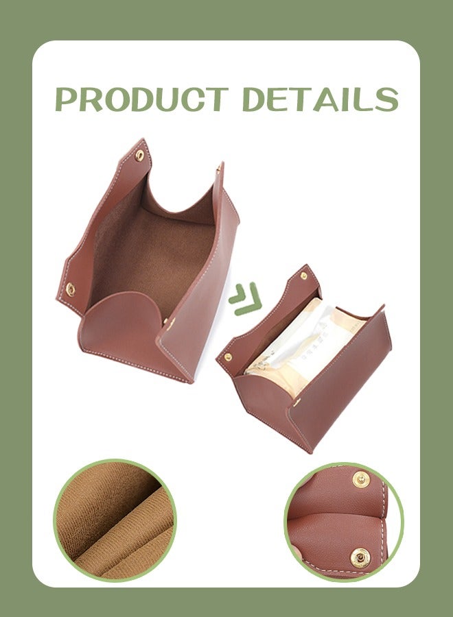 غطاء علبة مناديل جلدية، حامل منظم علبة مناديل جلدية لطاولة غرفة المعيشة المنزلية، صندوق تخزين مناديل جلدي مثبت على السيارة (قهوة) - Image 5