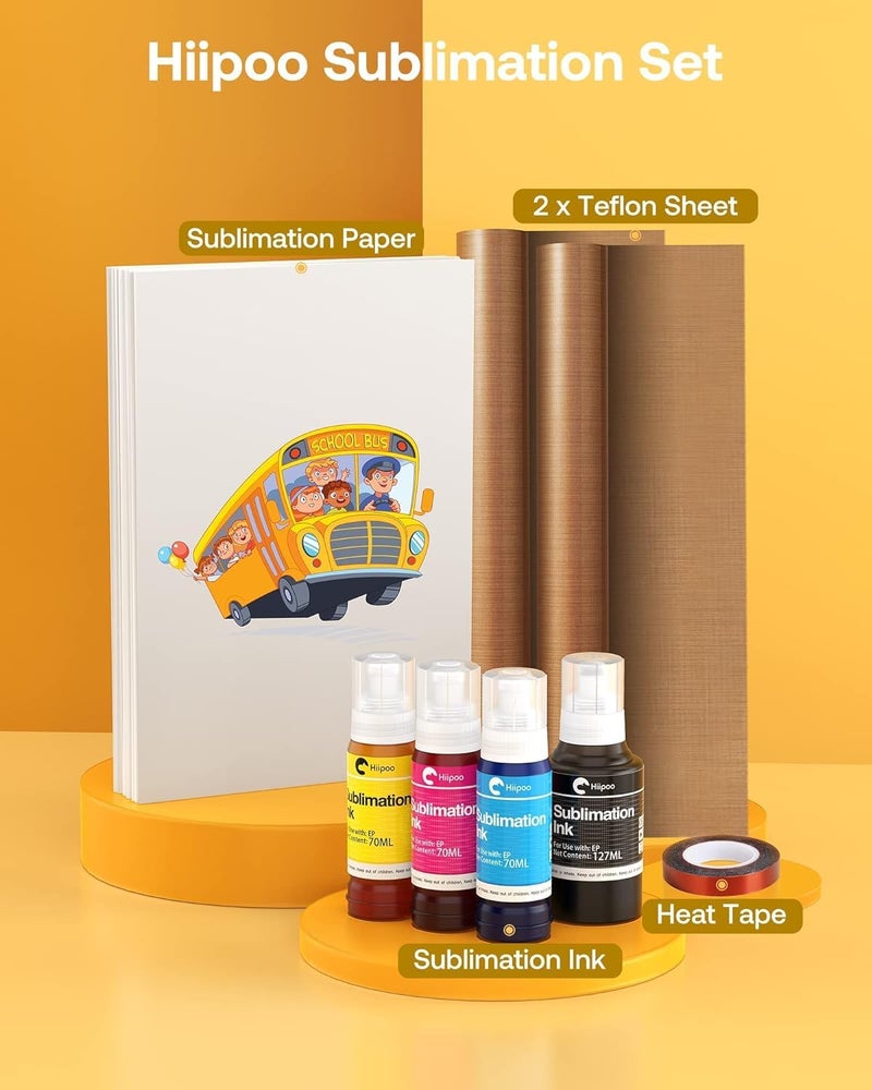 Hiipoo Sublimation Ink Set with 110 Sheet Sublimation Paper 8.5x11” 120G, 2 Pack Teflon Sheet, Heat Tape Compatible for Inkjet Printer ET-2720 ET-2760 ET-2800 ET-2803 ET-2400 ET-4700 ET-4800 ET-15000 - Image 5