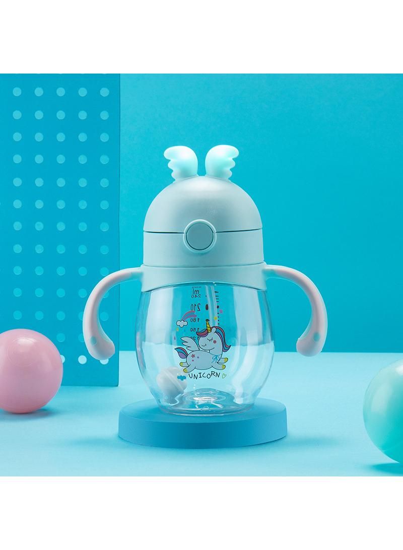 Baby bottle with straw, 360° water leakage and drop proof bottle Blue 260ml - Image 1