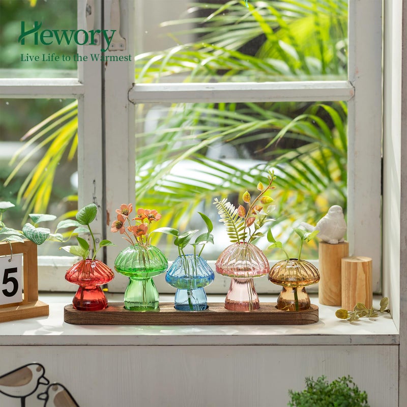 Hewory Glass Propagation Station for Plant: Mushroom Planter with Wooden Stand for Home Office Decor - Unique Propagation Jars for Plant Lovers - Set of 5 Hydroponic Mushroom Vases Gift for Mom - Image 2