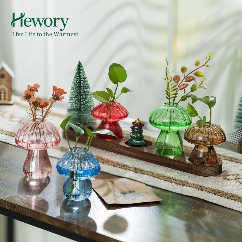Hewory Glass Propagation Station for Plant: Mushroom Planter with Wooden Stand for Home Office Decor - Unique Propagation Jars for Plant Lovers - Set of 5 Hydroponic Mushroom Vases Gift for Mom - Image 3