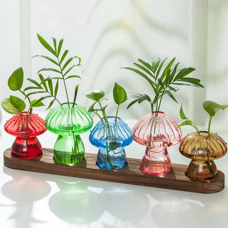 Hewory Glass Propagation Station for Plant: Mushroom Planter with Wooden Stand for Home Office Decor - Unique Propagation Jars for Plant Lovers - Set of 5 Hydroponic Mushroom Vases Gift for Mom - Image 1
