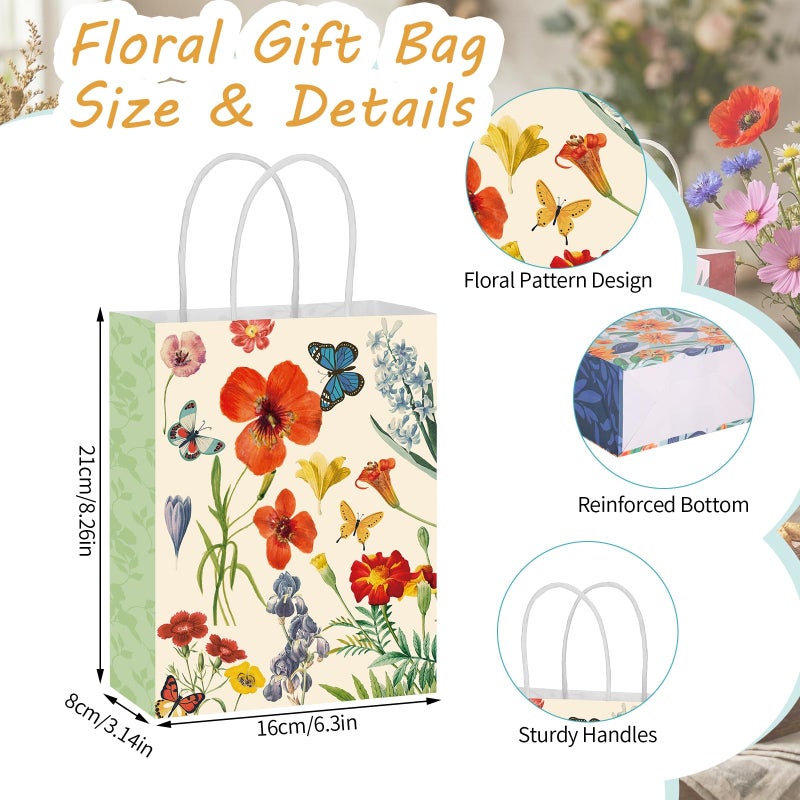 woric 20 Pack Floral Gift Bags with Handles, 4 Styles Vintage Flower Paper Bag for Valentine's Day Party Favors Weddings Mothers Day Baby Shower Birthday Spring(8.26"x6.29"x3.14") - Image 2