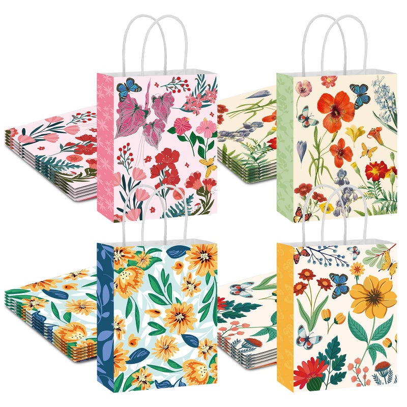 woric 20 Pack Floral Gift Bags with Handles, 4 Styles Vintage Flower Paper Bag for Valentine's Day Party Favors Weddings Mothers Day Baby Shower Birthday Spring(8.26"x6.29"x3.14") - Image 1