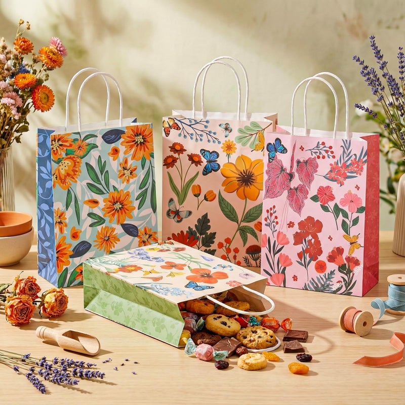 woric 20 Pack Floral Gift Bags with Handles, 4 Styles Vintage Flower Paper Bag for Valentine's Day Party Favors Weddings Mothers Day Baby Shower Birthday Spring(8.26"x6.29"x3.14") - Image 3