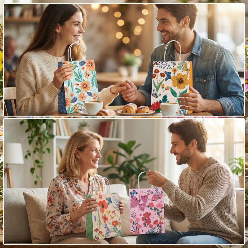 woric 20 Pack Floral Gift Bags with Handles, 4 Styles Vintage Flower Paper Bag for Valentine's Day Party Favors Weddings Mothers Day Baby Shower Birthday Spring(8.26"x6.29"x3.14") - Image 5