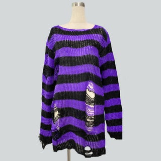 Mohair new European and American Foreign trade loose striped sweater Women's Mid-length pullover ripped thin wool sweater