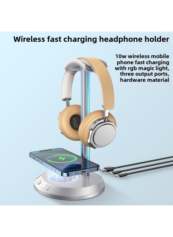 Private Model Wireless Fast Charging Headset Bracket RGB Slide Lantern Game E-sports Headset Bracket-Color:Grey-Style:High-profile Version (wireless Charging + Atmosphere Lamp + Earphone Bracket + Emergency Star Chip) - Image 1