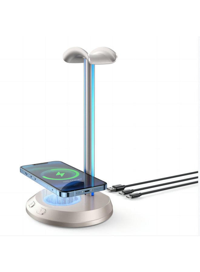 Private Model Wireless Fast Charging Headset Bracket RGB Slide Lantern Game E-sports Headset Bracket-Color:Grey-Style:High-profile Version (wireless Charging + Atmosphere Lamp + Earphone Bracket + Emergency Star Chip) - Image 2