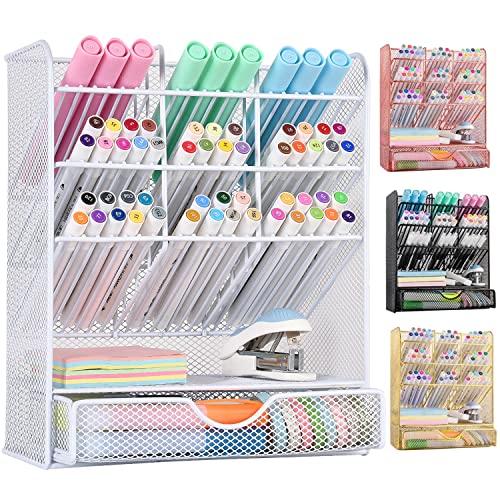 Spacrea Pen Holder Desk Organizer - Desk Organizers and Accessories, Pencil Holder with 10 Compartments and 1 Drawer（White） - Image 1