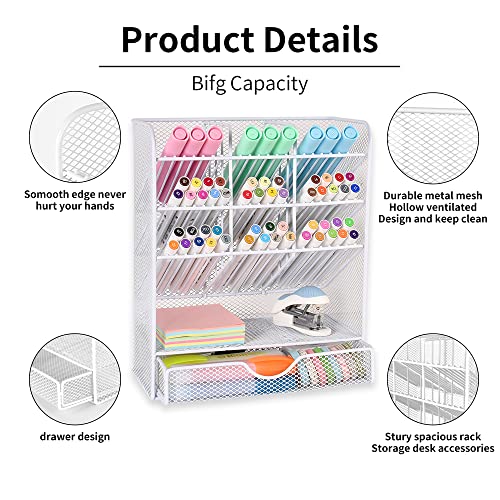Spacrea Pen Holder Desk Organizer - Desk Organizers and Accessories, Pencil Holder with 10 Compartments and 1 Drawer（White） - Image 4