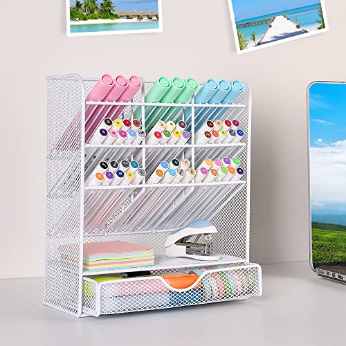 Spacrea Pen Holder Desk Organizer - Desk Organizers and Accessories, Pencil Holder with 10 Compartments and 1 Drawer（White） - Image 3