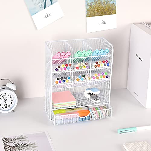 Spacrea Pen Holder Desk Organizer - Desk Organizers and Accessories, Pencil Holder with 10 Compartments and 1 Drawer（White） - Image 5