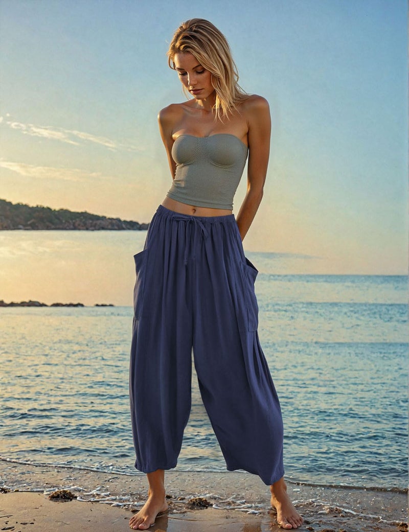 TARSE Womens Linen Pants Casual Wide Leg Loose Drawstring Low Waist Beach Palazzo Harem Pants with Pockets 2025(Navy,XXL) - Image 2