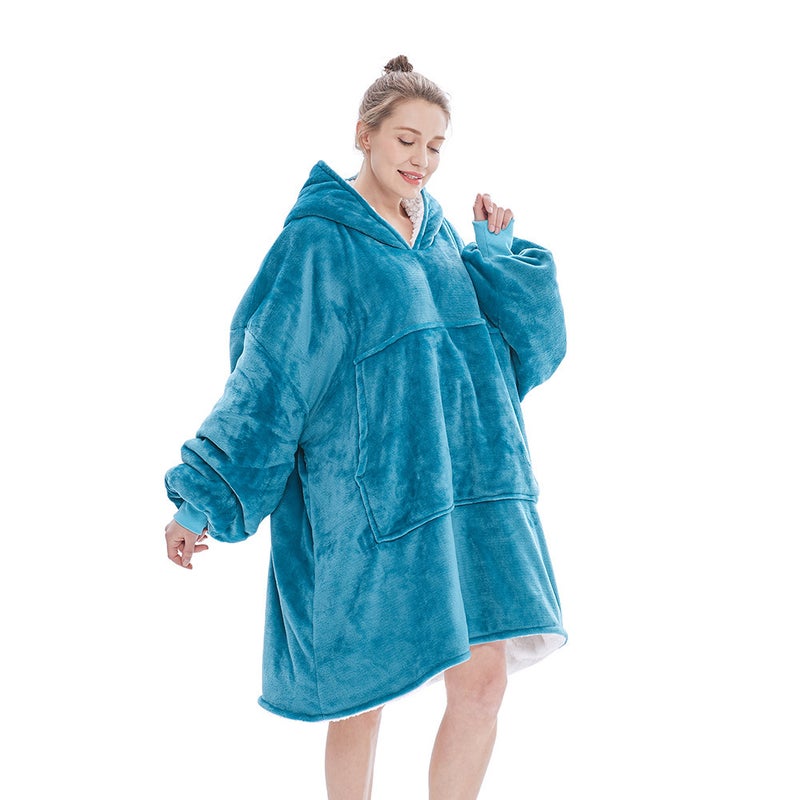 Oversized Hoodie Blanket Flannel Couples Loungewear Lake Blue-Adult Double Layer 