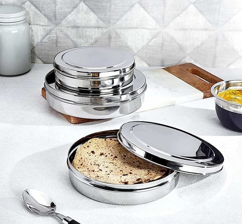 Silvester Stainless Steel Chapati Chocolate Dabba Flat Slim and Sleek Canisters Puri Dabba Storage Jars Containers Set of 3Pcs Medium SizeSilver - Image 5