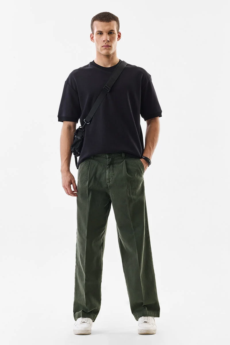 SNITCH Green Textured Wide Leg Casual Trousers