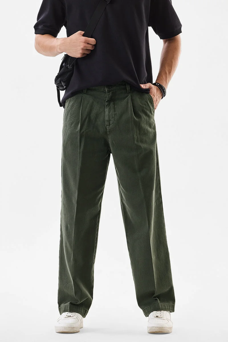 SNITCH Green Textured Wide Leg Casual Trousers