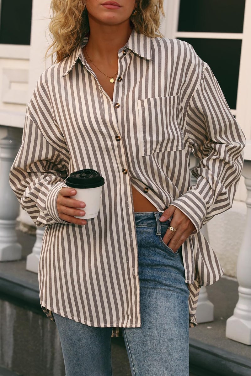 CHYRII Womens Striped Button Down Shirt Casual Long Sleeve Blouse Top Tan M - Image 3