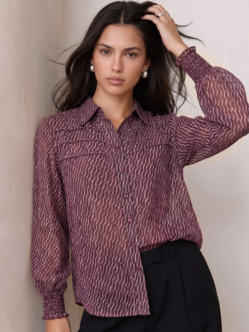 Outzidr Purple Lurex Shirt With Smocking Detail