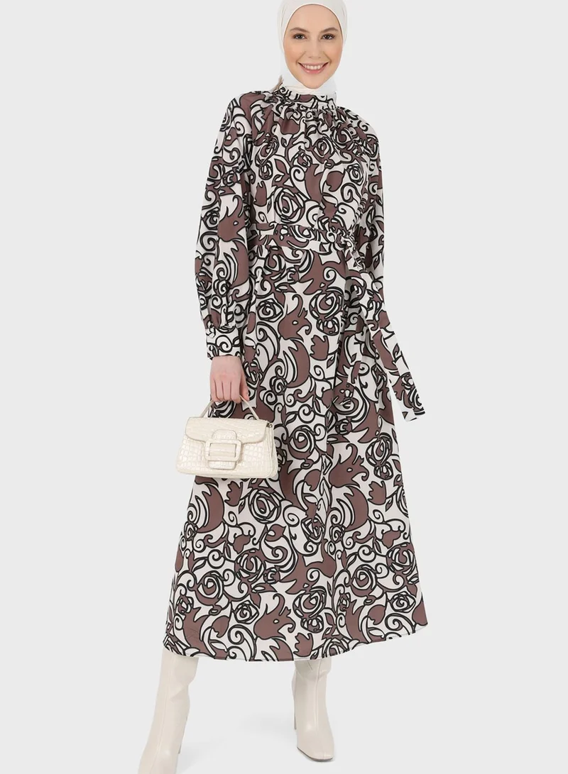 Refka by modanisa Floral Print Puff Sleeve Dress