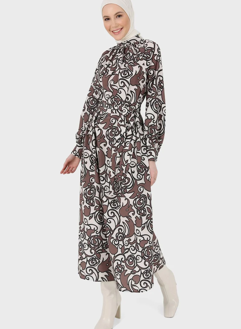 Refka by modanisa Floral Print Puff Sleeve Dress