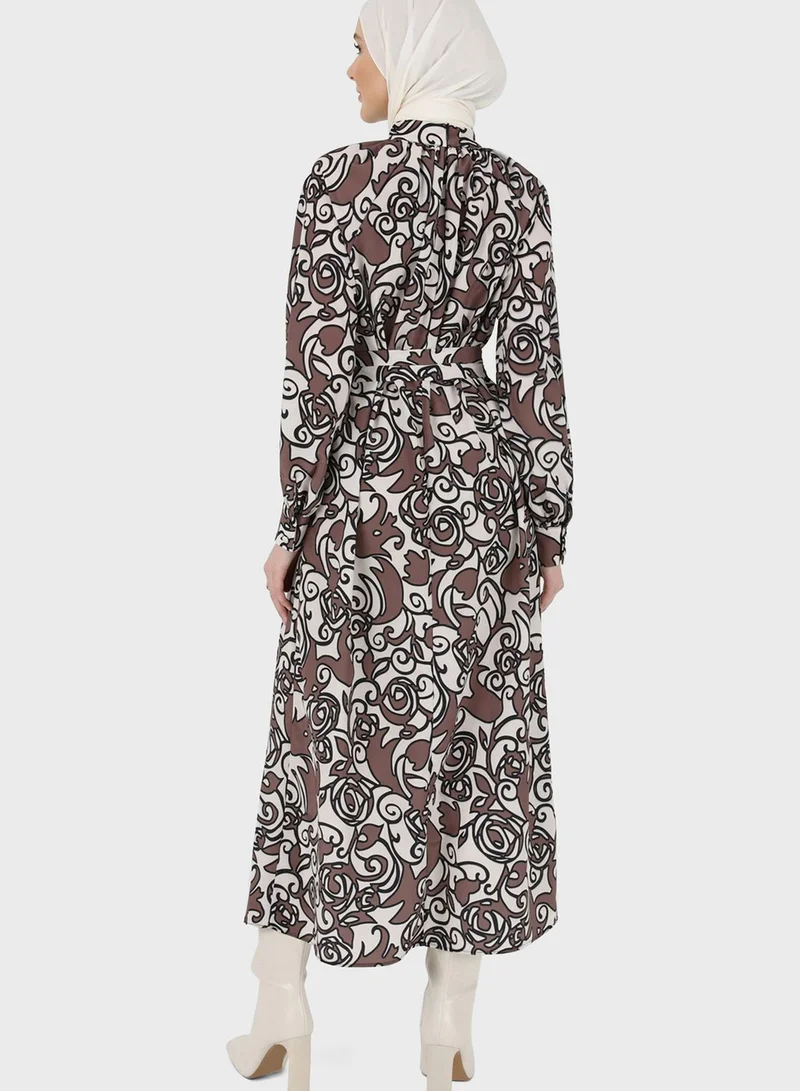 Refka by modanisa Floral Print Puff Sleeve Dress