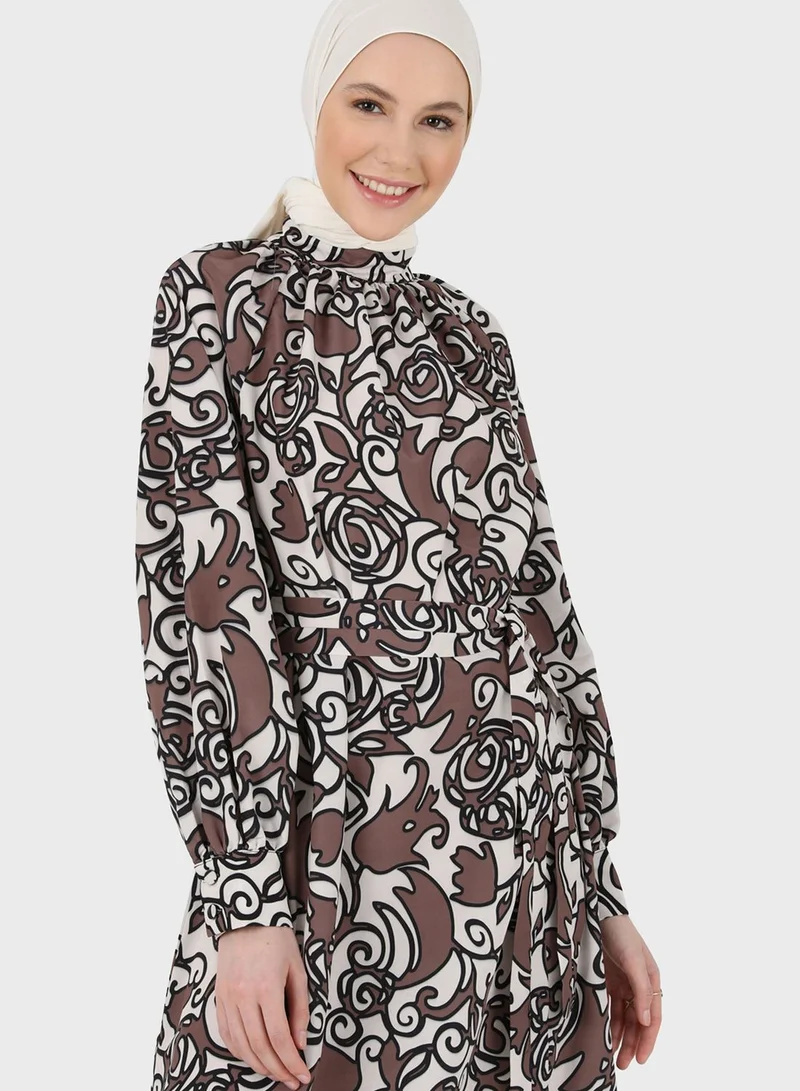 Refka by modanisa Floral Print Puff Sleeve Dress