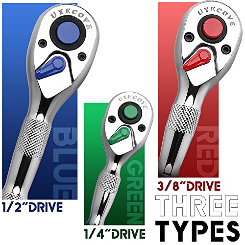 UYECOVE Ratchet Set 3PCs-1/4 Drive Ratchet, 3/8" Drive Ratchet, 1/2" Drive Ratchet, Ratchet Set-Colorful Stubby Ratchet Wrench Set 72-Tooth Small Ratchet Set with IXPE Storage Tray - Image 4