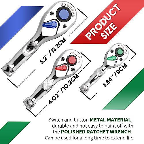 UYECOVE Ratchet Set 3PCs-1/4 Drive Ratchet, 3/8" Drive Ratchet, 1/2" Drive Ratchet, Ratchet Set-Colorful Stubby Ratchet Wrench Set 72-Tooth Small Ratchet Set with IXPE Storage Tray - Image 5