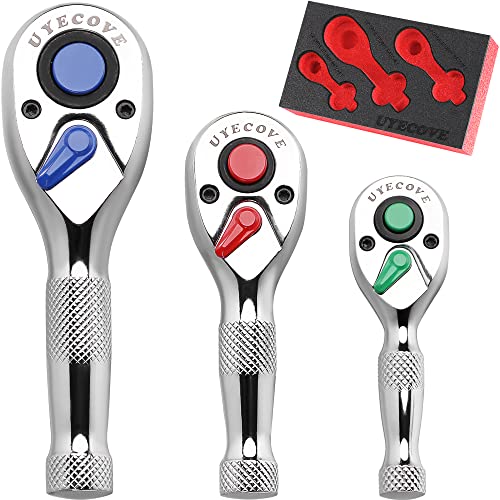 UYECOVE Ratchet Set 3PCs-1/4 Drive Ratchet, 3/8" Drive Ratchet, 1/2" Drive Ratchet, Ratchet Set-Colorful Stubby Ratchet Wrench Set 72-Tooth Small Ratchet Set with IXPE Storage Tray - Image 1
