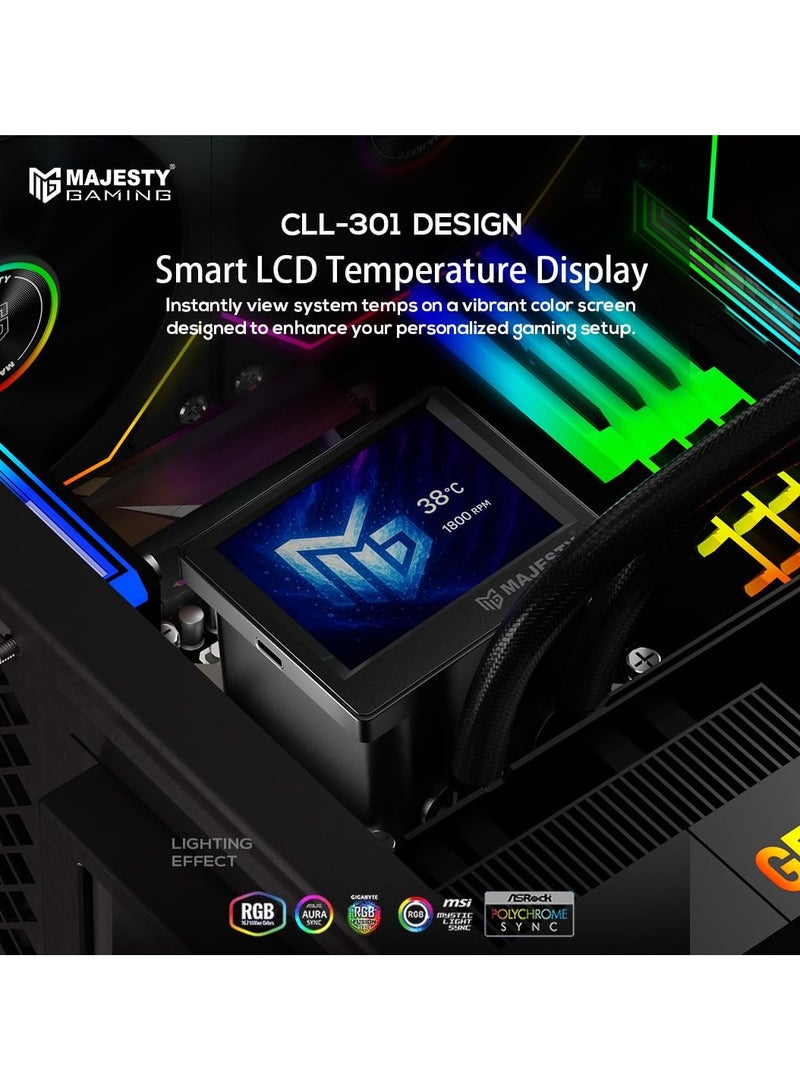 ماجيستي مبرد مائي لوحدة المعالجة المركزية ماجيستي 360MM ARGB، شاشة IPS LCD، مضخة مطورة، أنابيب مجدولة، ثلاث مراوح ARGB 120mm، متوافق مع Intel وAMD، لون أسود للألعاب - Image 3