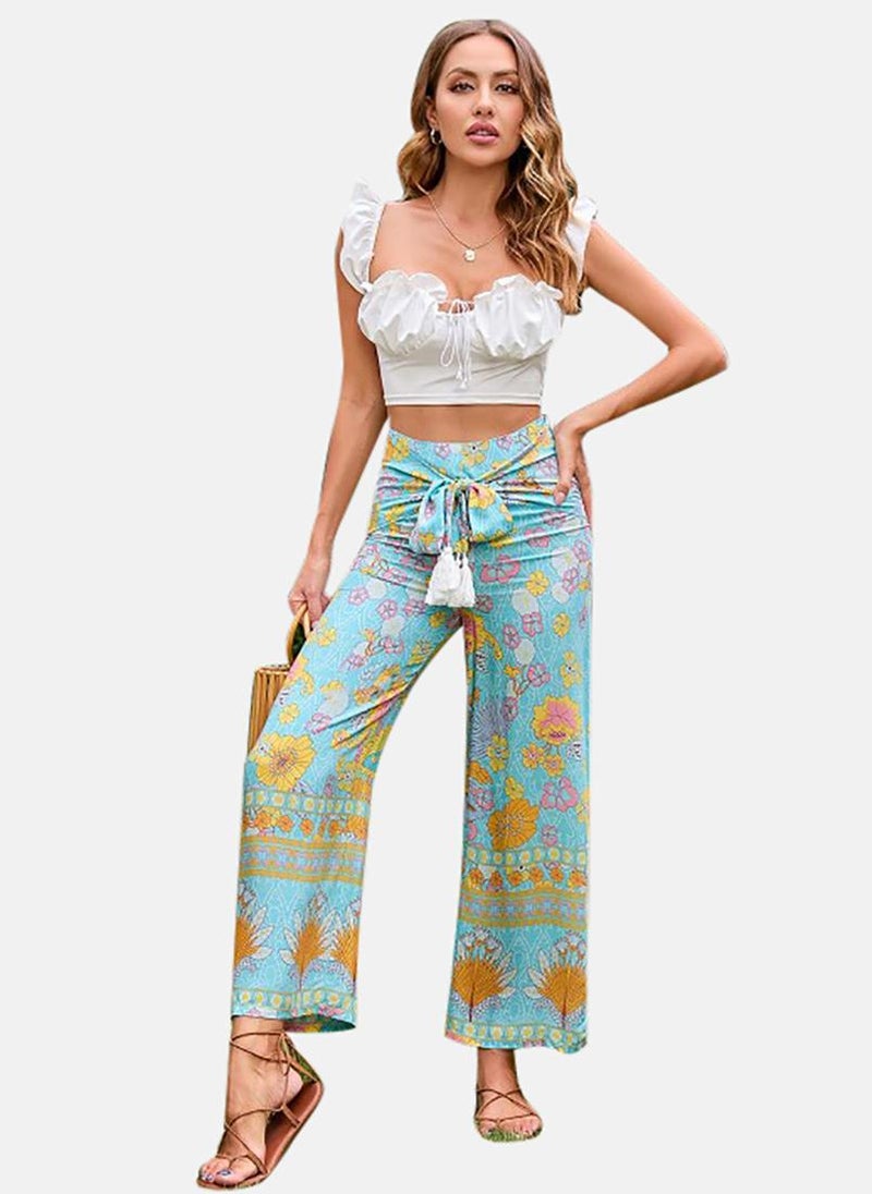 YUNIQEE Blue Straight Floral Printed Cotton Palazzos  - Image 2
